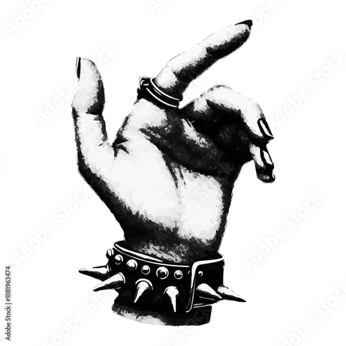 hand with the spiked bracelets isolated on transparent background. grunge monochrome photocopy effect. Element in stipple halftone brutalist retro design. Vector illustration for vintage music poster