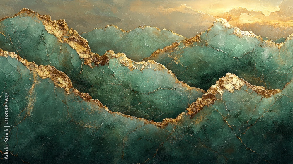 Abstract landscape featuring teal mountains with gold accents under a soft sunset glow. Abstract landscape featuring teal mountains with gold accents under a soft sunset glow.