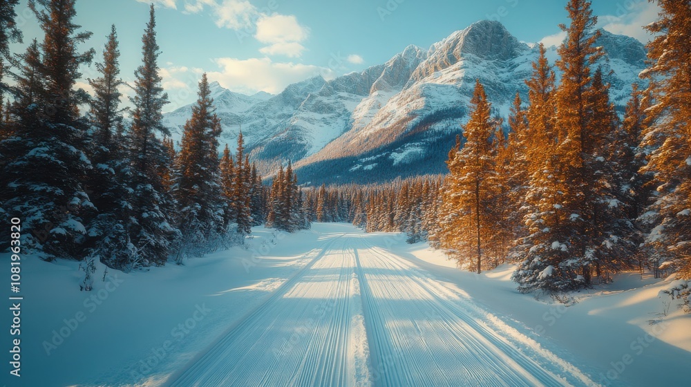 Gentle cross-country ski tracks leading into a peaceful winter forest with towering mountain vistas beyond. Gentle cross-country ski tracks leading into a peaceful winter forest with towering mountain vistas beyond.