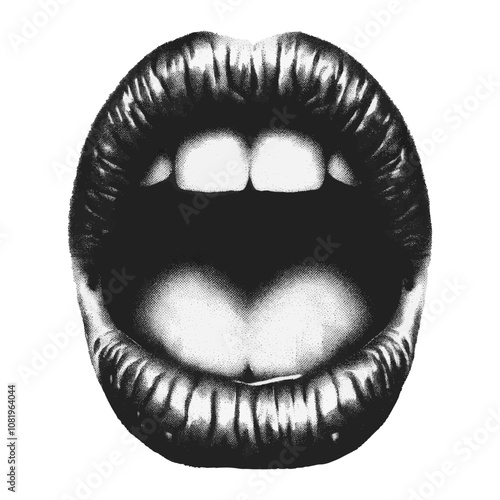 lips and mouth sign isolated on transparent background. grunge photocopy and abstract stipple sand effect. Element in stipple halftone brutalist retro design. Vector art for vintage music posters