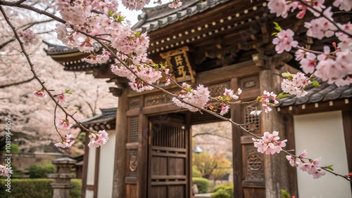 Traditional Japanese Gate Framed by Lush Pink Cherry Blossoms in Urban Exploration Setting, Embracing Nature's Beauty in a Serene Landscape