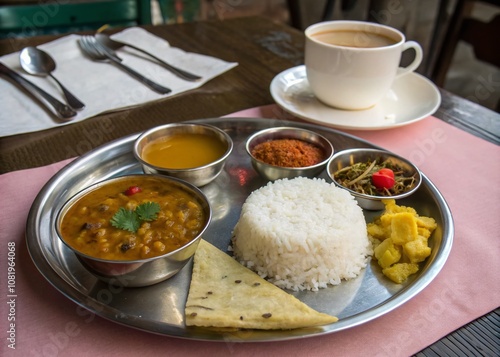 Traditional Nepalese Thali Set Featuring Dal Bhat and Tea with Butter and Salt - A Culinary Journey Through Himalayan Vegetarian Cuisine photo