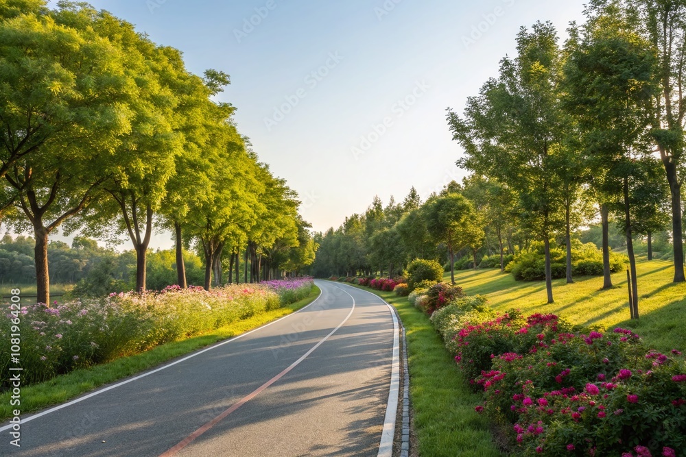 Tranquil Bicycle Lane in a Park Surrounded by Lush Greenery and Trees, Perfect for Cycling Enthusiasts Seeking a Scenic Outdoor Experience and Relaxation Tranquil Bicycle Lane in a Park Surrounded by Lush Greenery and Trees, Perfect for Cycling Enthusiasts Seeking a Scenic Outdoor Experience and Relaxation