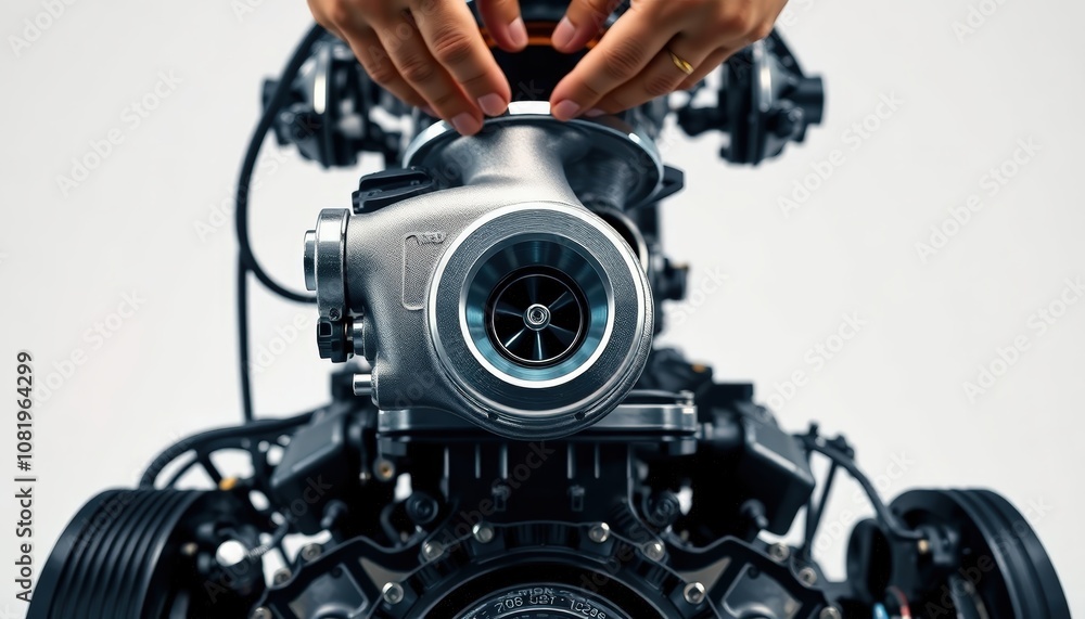 Engine Turbocharger Close-up: A mechanic's hand delicately adjusts a high-performance turbocharger, showcasing the intricate details and precision engineering of this powerful automotive component. Engine Turbocharger Close-up: A mechanic's hand delicately adjusts a high-performance turbocharger, showcasing the intricate details and precision engineering of this powerful automotive component.