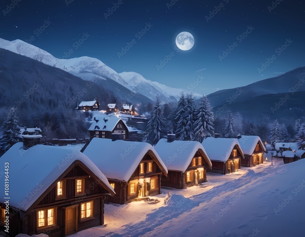 Fototapeta premium Charming winter cabins illuminated by moonlight in a serene mountain landscape at night, Christmas