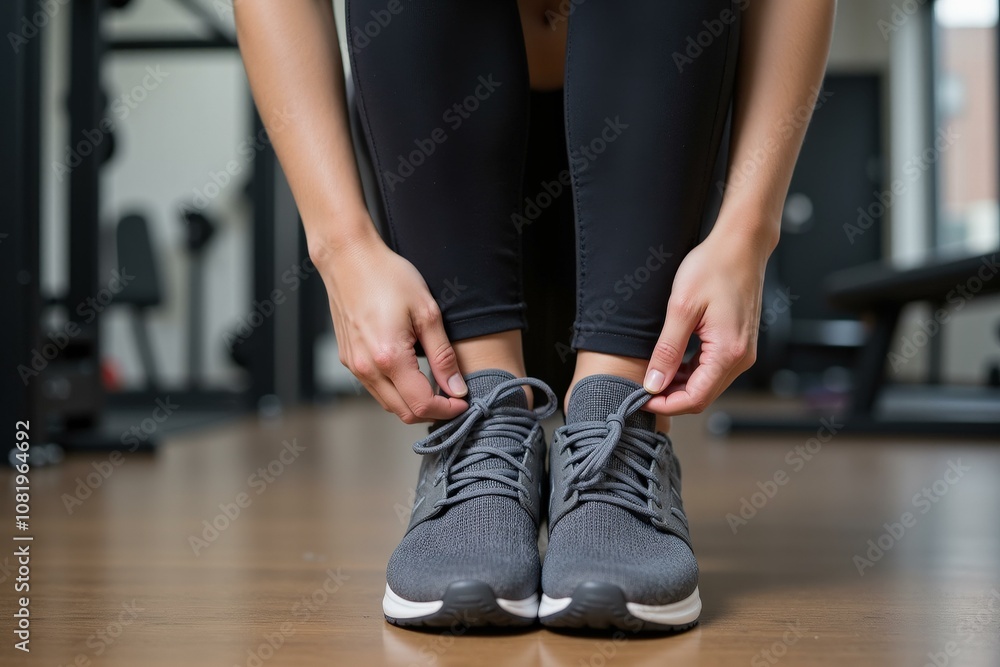 Get Ready for Workout: Tying Gray Sneakers in Modern Gym Setting, Perfect for Fitness Enthusiasts Get Ready for Workout: Tying Gray Sneakers in Modern Gym Setting, Perfect for Fitness Enthusiasts
