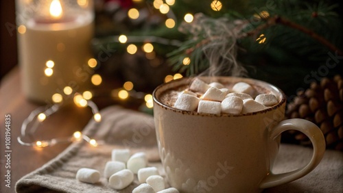 Cozy mug of hot cocoa with marshmallows and blurred christmas lights background