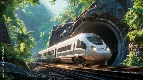 Modern High-Speed Train Moving Through Lush Tropical Forest Near Mountainous Tunnel Entrance Surrounded by Verdant Foliage and Sunlight Beaming Through Leaves