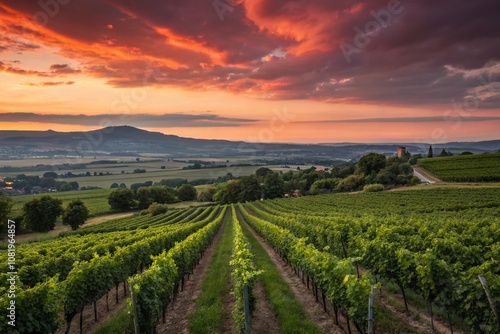 Tranquil Sunset Over Vineyard Rows with Lush Grapevines and Golden Skies Capturing the Essence of Urban Exploration and Nature's Beauty in a Serene Landscape