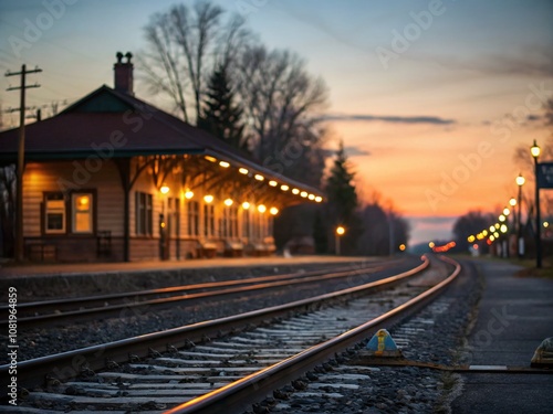 Tranquil Train Depot at Dusk: A Serene Scene with Soft Bokeh Lights and Warm Hues Reflecting on the Tracks and Surroundings, Capturing the Beauty of Evening Transportation Landscapes