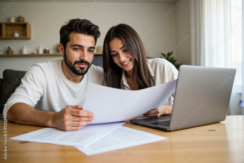 Happy Couple Reviewing Documents Together at Home Office Using Laptop for Financial Planning or Business Project Happy Couple Reviewing Documents Together at Home Office Using Laptop for Financial Planning or Business Project