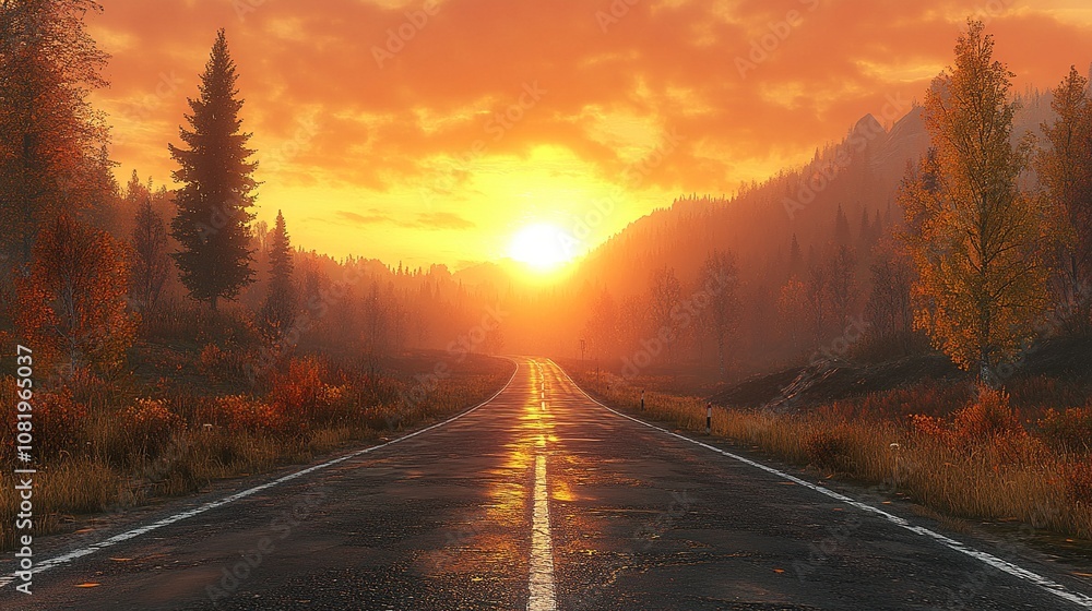 Fototapeta premium A Serene Journey: Sunsets, Smooth Roads, and the Call of Adventure on the Open Highway