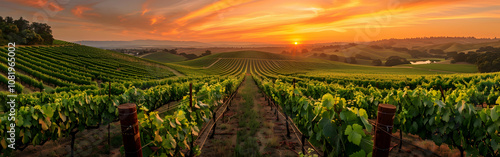 Panoramic photograph of an expansive vineyard at sunset
