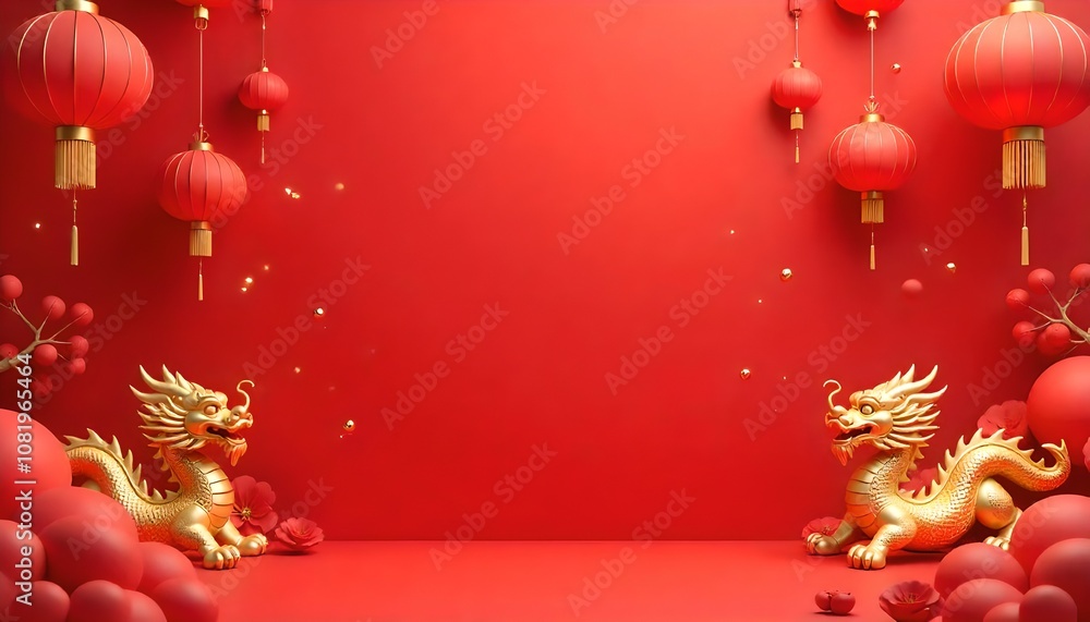 A vibrant Chinese New Year background featuring red lanterns, golden dragons, and traditional Chinese patterns, with a festive atmosphere and a bright red and gold color scheme. A vibrant Chinese New Year background featuring red lanterns, golden dragons, and traditional Chinese patterns, with a festive atmosphere and a bright red and gold color scheme.