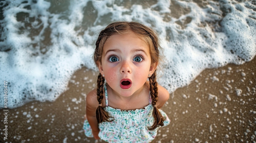 Obraz premium Young Girl Expressing Surprise at the Beach with Waves Crashing Around Her, Capturing the Joy and Wonder of Childhood Moments in Nature