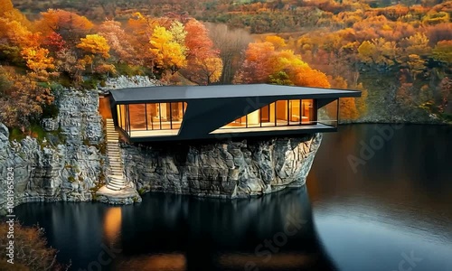 Futuristic angular house on a high cliff with dynamic LED lighting, presenting a panoramic view of a tranquil lake surrounded by vibrant autumn foliage