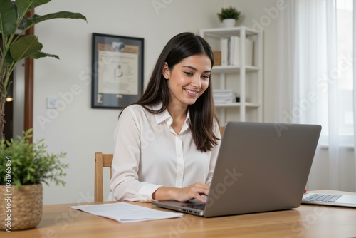 Young Woman Working on Laptop in Cozy Home Office Setting, Ideal for Remote Work or Freelance Business Promotion