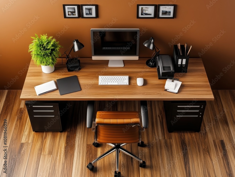 Modern Office Setup with Wooden Desk, Computer, and Office Supplies in a Stylish Brown Environment for Productivity and Creativity Enhancements Modern Office Setup with Wooden Desk, Computer, and Office Supplies in a Stylish Brown Environment for Productivity and Creativity Enhancements