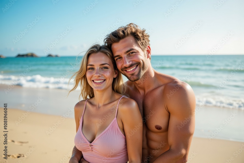 Happy Couple on Beach at Sunset - Perfect for Romantic Greeting Cards, Posters, and Wall Art Happy Couple on Beach at Sunset - Perfect for Romantic Greeting Cards, Posters, and Wall Art