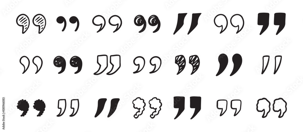Quotation mark doodle hand drawn set. Quotation marks drawing for quotes template Quotation mark doodle hand drawn set. Quotation marks drawing for quotes template