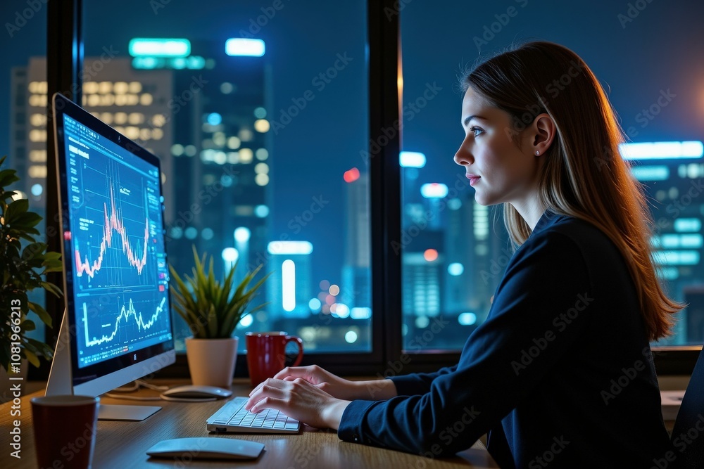 Professional Woman Analyzing Financial Data in Modern Office at Night, Stock Market Trends on Screen, Focused and Determined Professional Woman Analyzing Financial Data in Modern Office at Night, Stock Market Trends on Screen, Focused and Determined