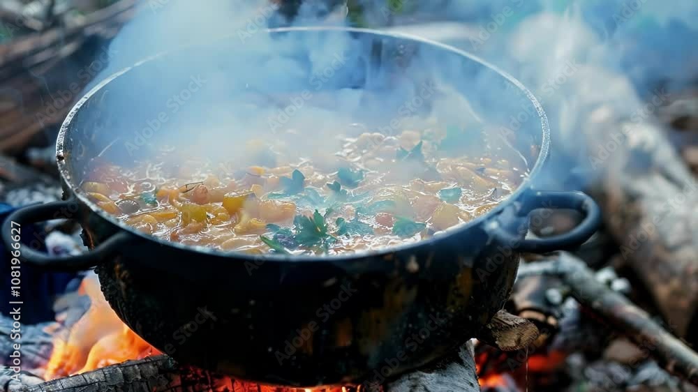 Hearty and flavorful vegetable soup is simmering over a crackling campfire, providing warmth and sustenance for hikers or campers Hearty and flavorful vegetable soup is simmering over a crackling campfire, providing warmth and sustenance for hikers or campers