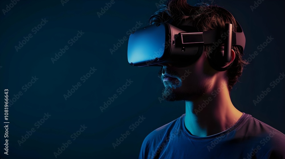 Portrait of amazed young man in a VR headset explores the metaverse's virtual space. Gaming and futuristic entertainment concept Portrait of amazed young man in a VR headset explores the metaverse's virtual space. Gaming and futuristic entertainment concept