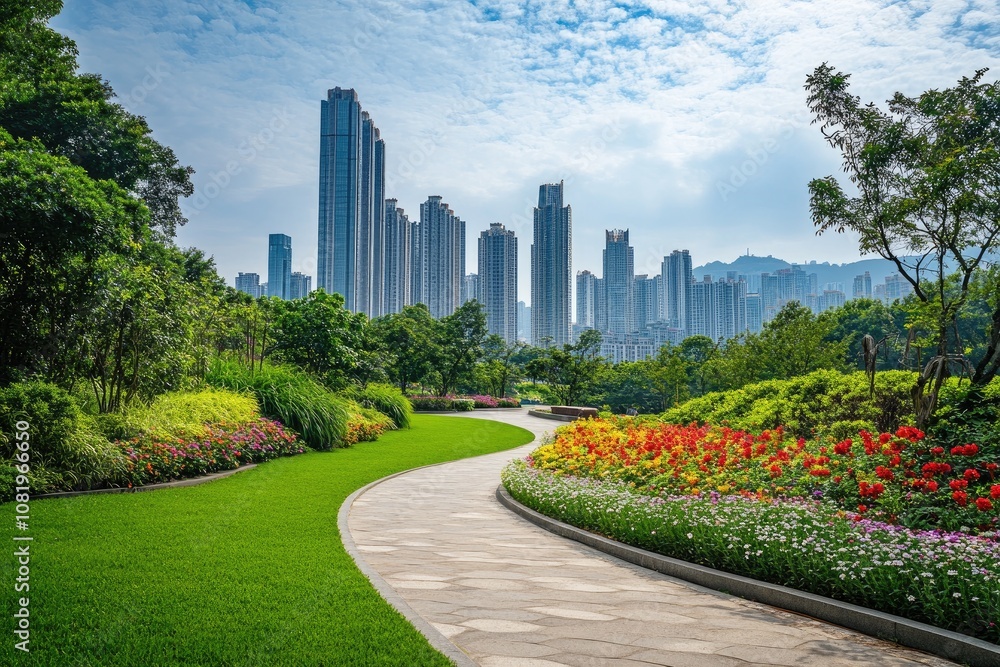 Winding Path Through Lush Green Grass and Vibrant Flowers in Shenzhen Park with Skyscrapers in the Background Winding Path Through Lush Green Grass and Vibrant Flowers in Shenzhen Park with Skyscrapers in the Background