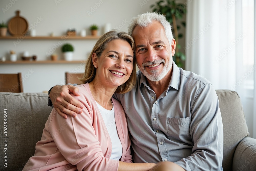 Happy Senior Couple Smiling on Sofa at Home - Perfect for Family Photos, Senior Living Ads, and Heartwarming Moments Happy Senior Couple Smiling on Sofa at Home - Perfect for Family Photos, Senior Living Ads, and Heartwarming Moments