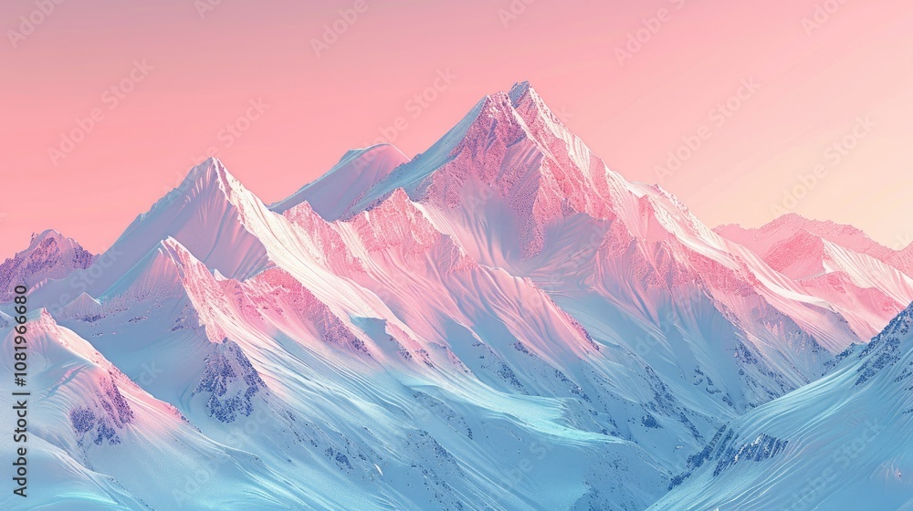 Snowy peaks of a mountain range against a pink sky Snowy peaks of a mountain range against a pink sky