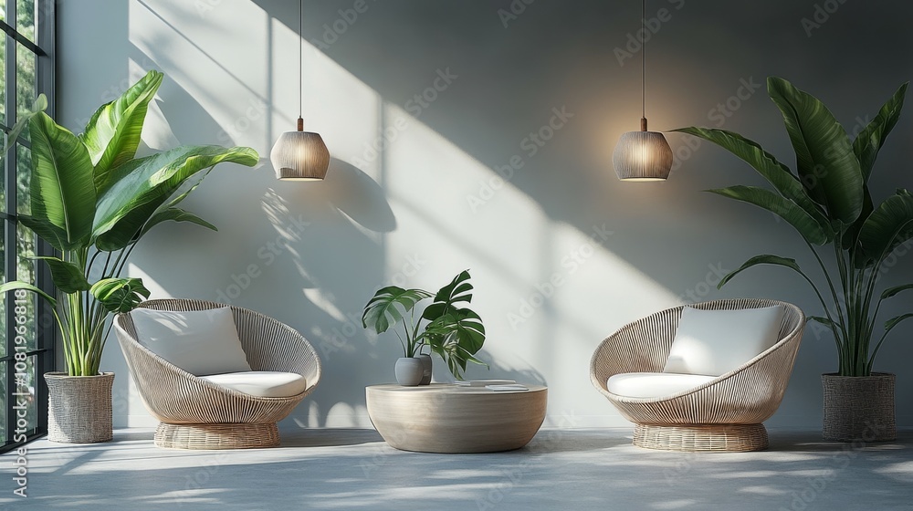 a modern office breakout area with some chairs, coffee tables, designer lights on top of tables a modern office breakout area with some chairs, coffee tables, designer lights on top of tables