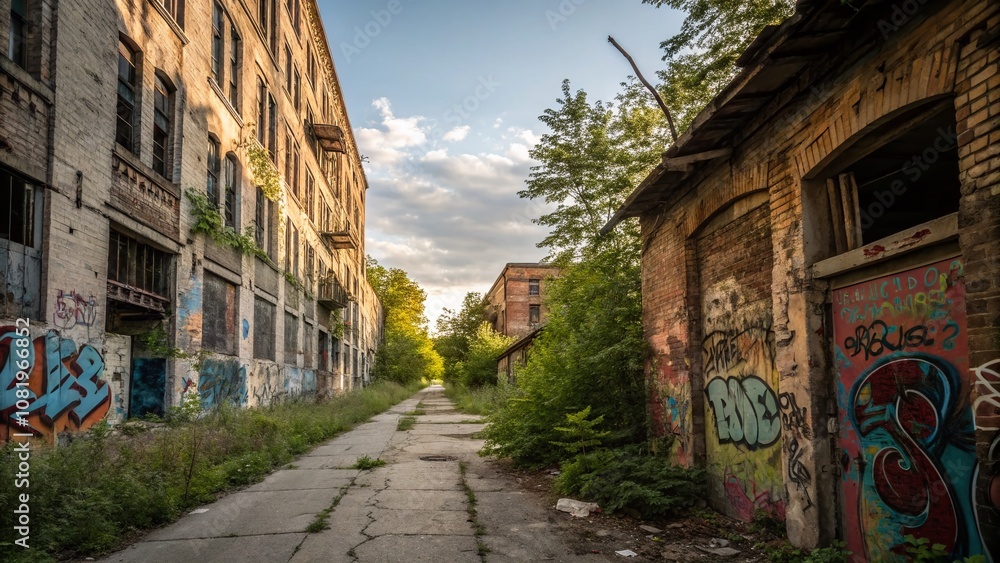 Fototapeta premium Urban Exploration Photography: Captivating Views of Decaying Structures, Vibrant Street Art, and Hidden Gems in Abandoned Spaces, Perfect for Adventure Seekers and Photographers Alike
