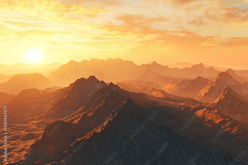 Naklejka premium breathtaking, high-detail image of a mountain range with a warm sunrise casting golden hues across the landscape, ideal for nature and travel themes. 
