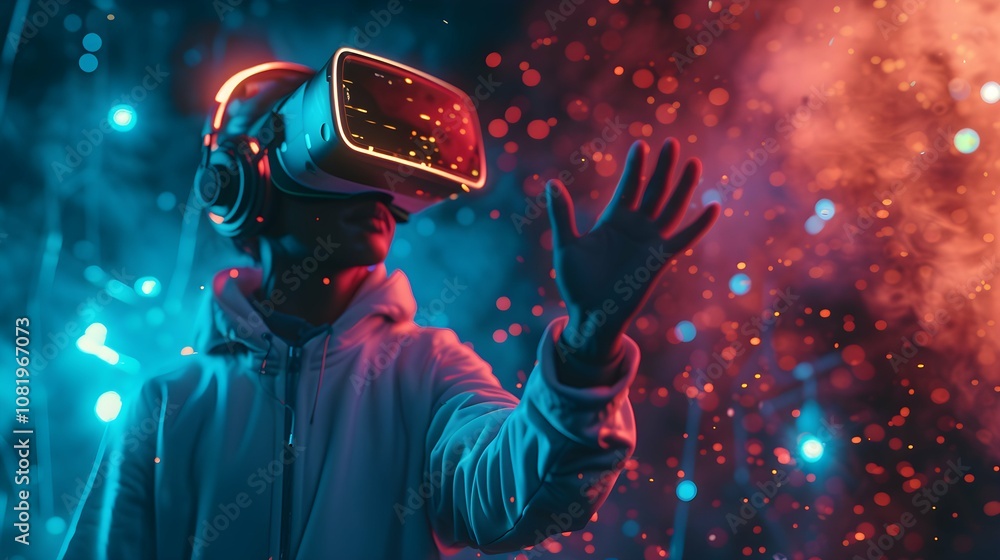 Portrait of amazed young man in a VR headset explores the metaverse's virtual space. Gaming and futuristic entertainment concept Portrait of amazed young man in a VR headset explores the metaverse's virtual space. Gaming and futuristic entertainment concept