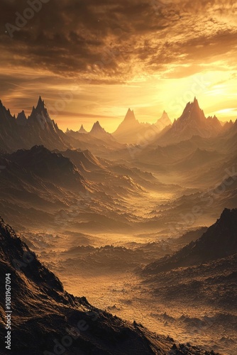  breathtaking, high-detail image of a mountain range with a warm sunrise casting golden hues across the landscape, ideal for nature and travel themes. 