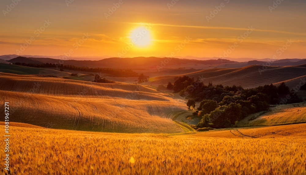 Sunset Over Rolling Hills of Golden Fields, Captured With a Vibrant Sky and Layers of Trees in the Distance for a Scenic Nature Landscape Sunset Over Rolling Hills of Golden Fields, Captured With a Vibrant Sky and Layers of Trees in the Distance for a Scenic Nature Landscape