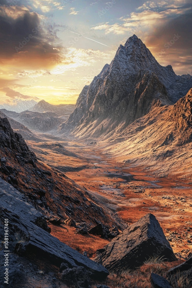 Naklejka premium breathtaking, high-detail image of a mountain range with a warm sunrise casting golden hues across the landscape, ideal for nature and travel themes. 