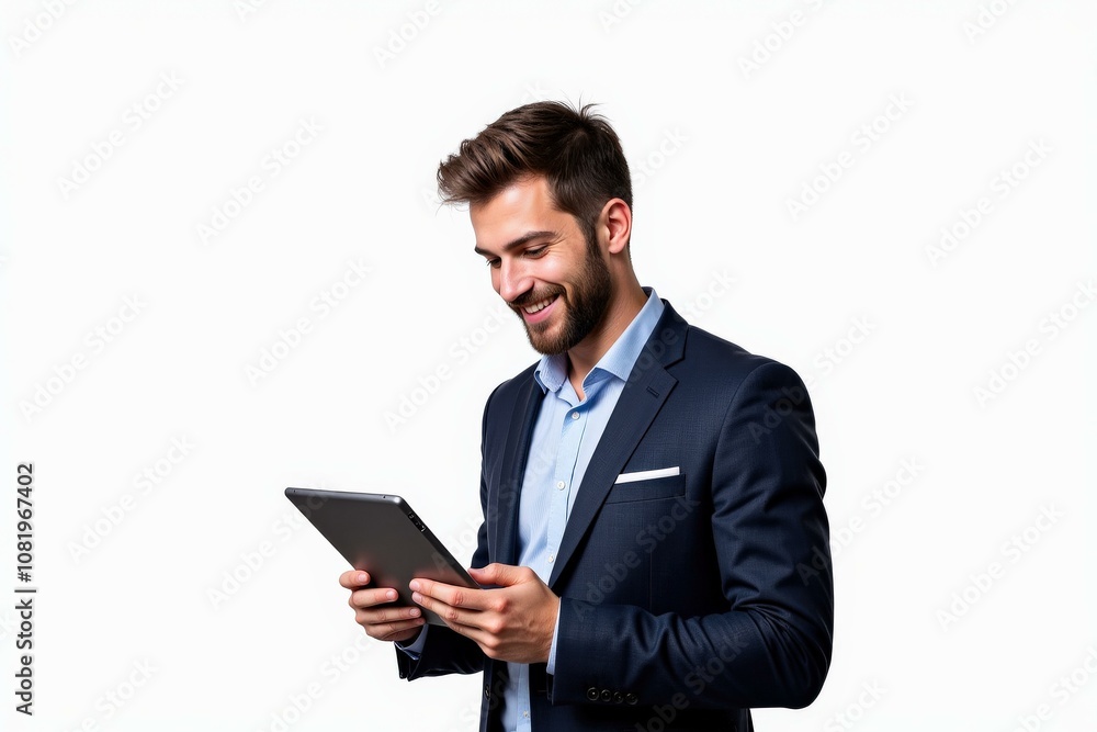 Professional Man in Blue Suit Using Tablet Smiling Confidently Business Success Technology Concept Professional Man in Blue Suit Using Tablet Smiling Confidently Business Success Technology Concept