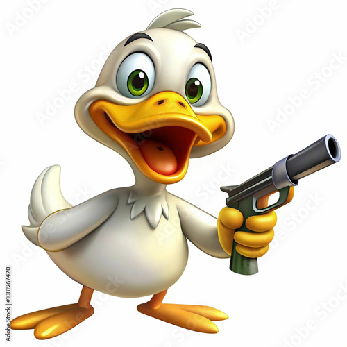 A cartoon-style western duck character holding a gun, dressed in cowboy