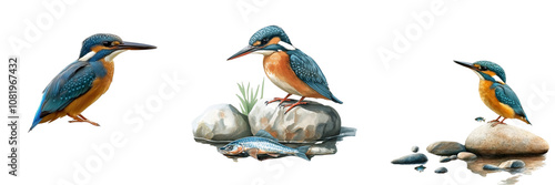 Set of The kingfisher is perched on a rock at the river bank isolated on a transparent background photo