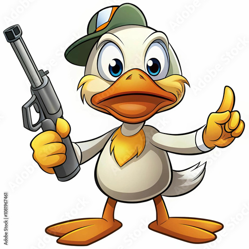 A cartoon-style western duck character holding a gun, dressed in cowboy