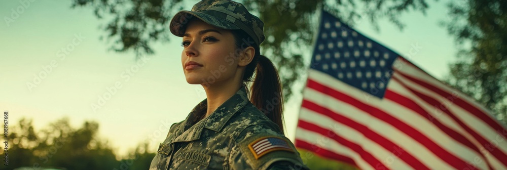 Fototapeta premium Female Soldier in Uniform with American Flag: A Symbol of Patriotism