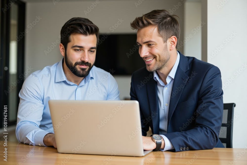Two Businessmen Collaborating on Laptop in Modern Office Setting, Ideal for Business Concepts and Teamwork Two Businessmen Collaborating on Laptop in Modern Office Setting, Ideal for Business Concepts and Teamwork