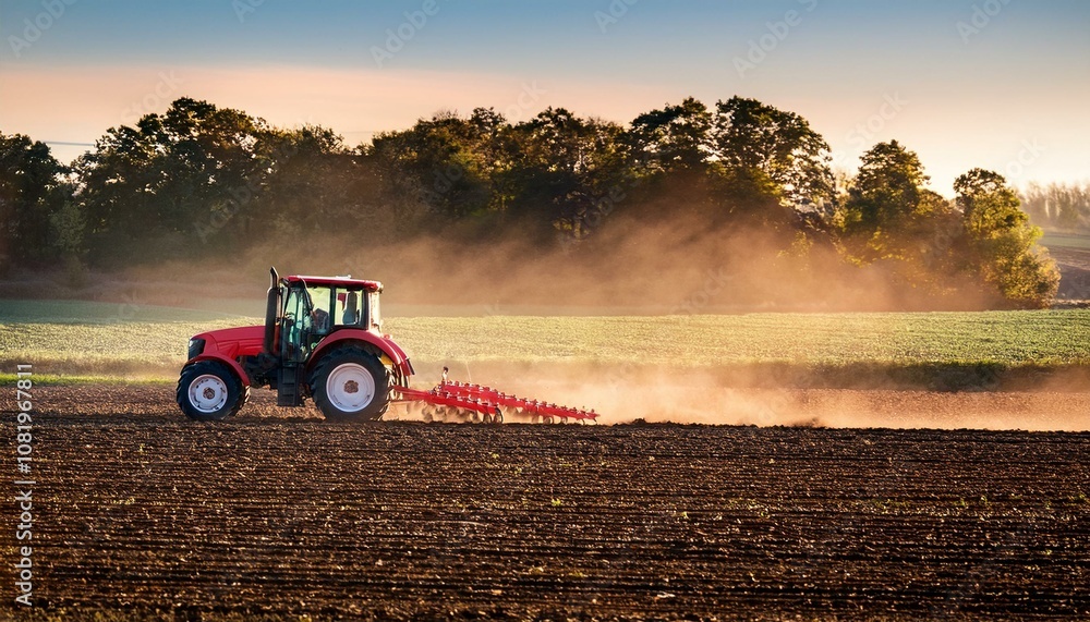 Fototapeta premium modern agricultural machinery and farming practices are demonstrated by a red tractor