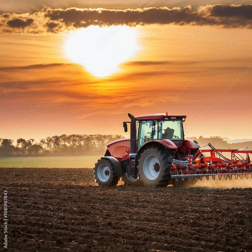 Fototapeta premium modern agricultural machinery and farming practices are demonstrated by a red tractor