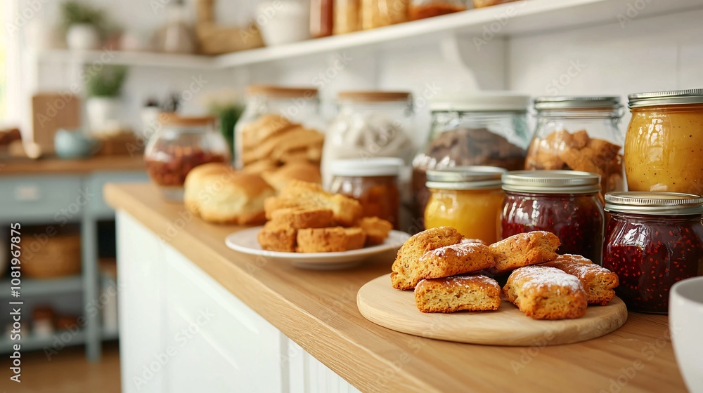 Delicious homemade baked goods and preserves arranged on a kitchen countertop with jars, cookies, bread, and vibrant colors in a cozy setting Delicious homemade baked goods and preserves arranged on a kitchen countertop with jars, cookies, bread, and vibrant colors in a cozy setting