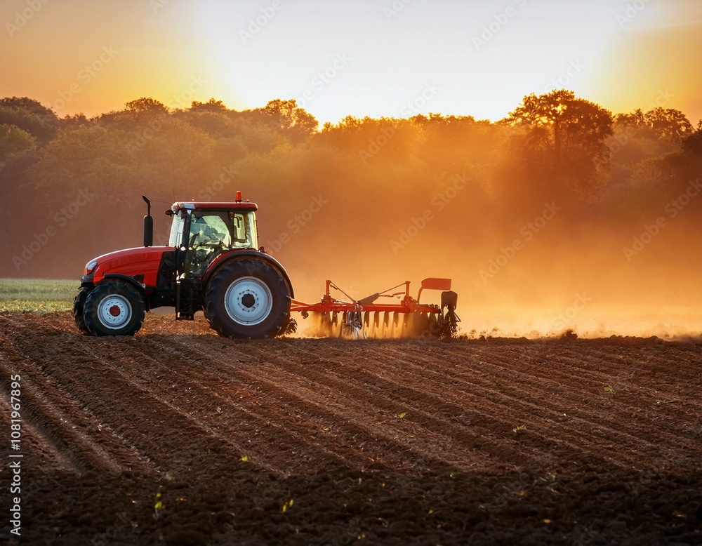 Fototapeta premium modern agricultural machinery and farming practices are demonstrated by a red tractor