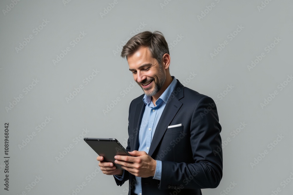 Businessman in Dark Suit Holding Tablet Smiling Professional Success Technology Concept Businessman in Dark Suit Holding Tablet Smiling Professional Success Technology Concept