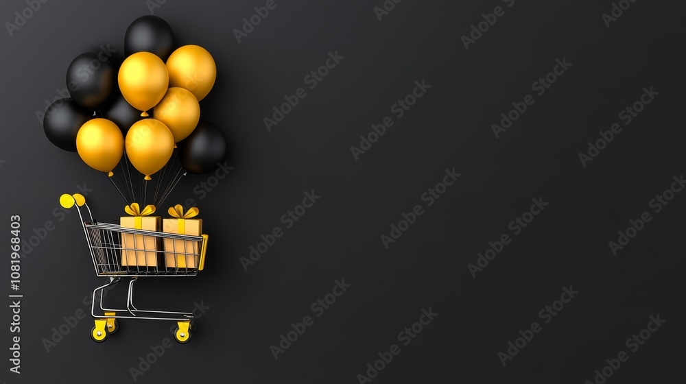 Cart full of balloons and presents is floating above a black background. The balloons and presents give a festive and celebratory mood to the image Cart full of balloons and presents is floating above a black background. The balloons and presents give a festive and celebratory mood to the image
