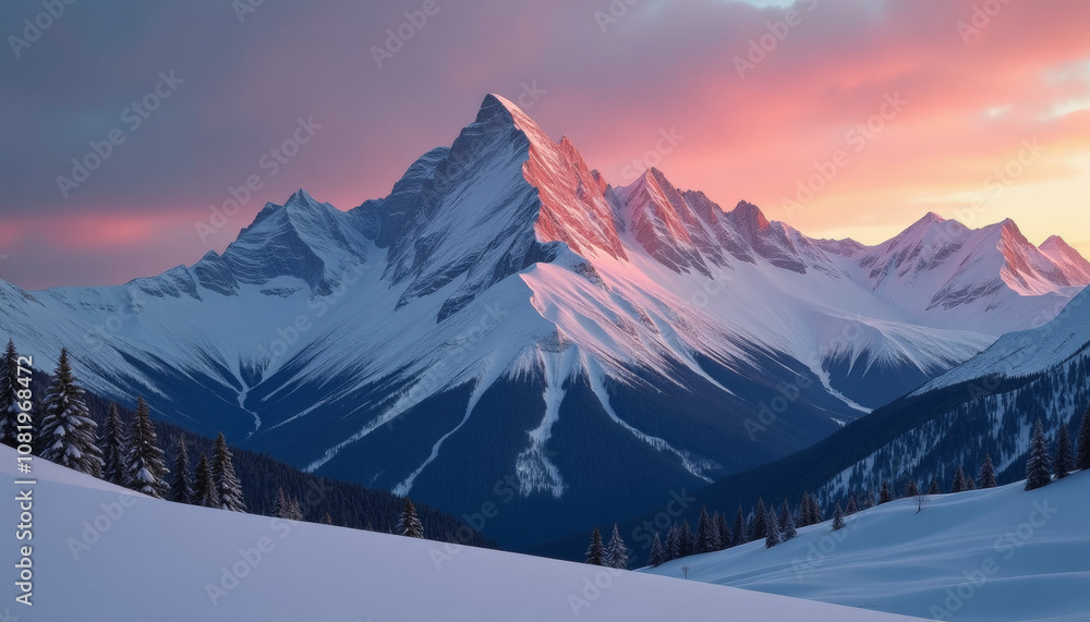Majestic Snow-Capped Peaks at Sunrise: A Winter Wonderland Landscape Majestic Snow-Capped Peaks at Sunrise: A Winter Wonderland Landscape